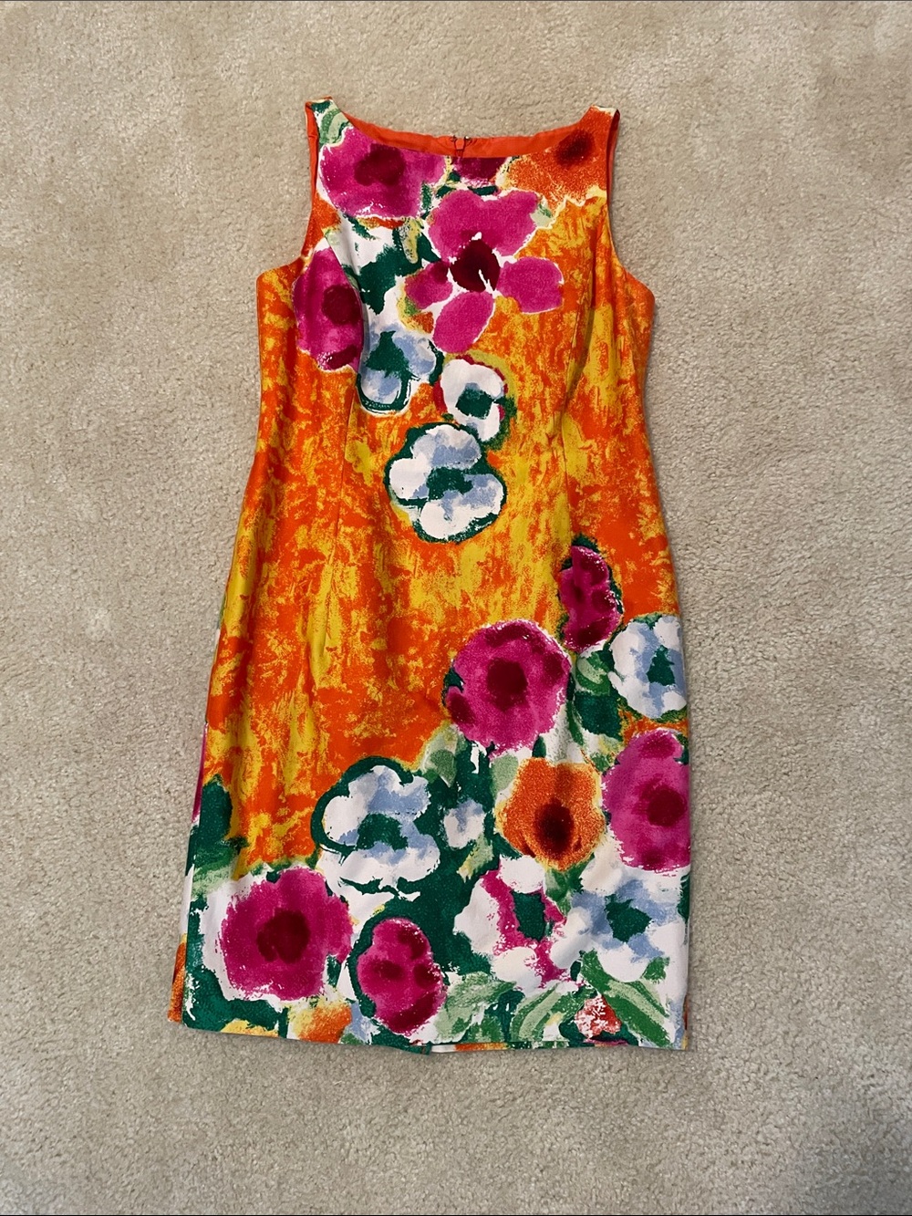 Jones New York Orange Floral Sheath Dress with Pink and Green Accents